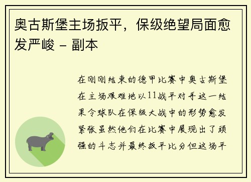奥古斯堡主场扳平，保级绝望局面愈发严峻 - 副本