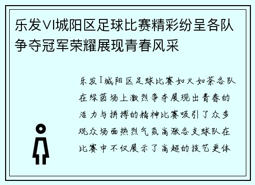 乐发∨I城阳区足球比赛精彩纷呈各队争夺冠军荣耀展现青春风采